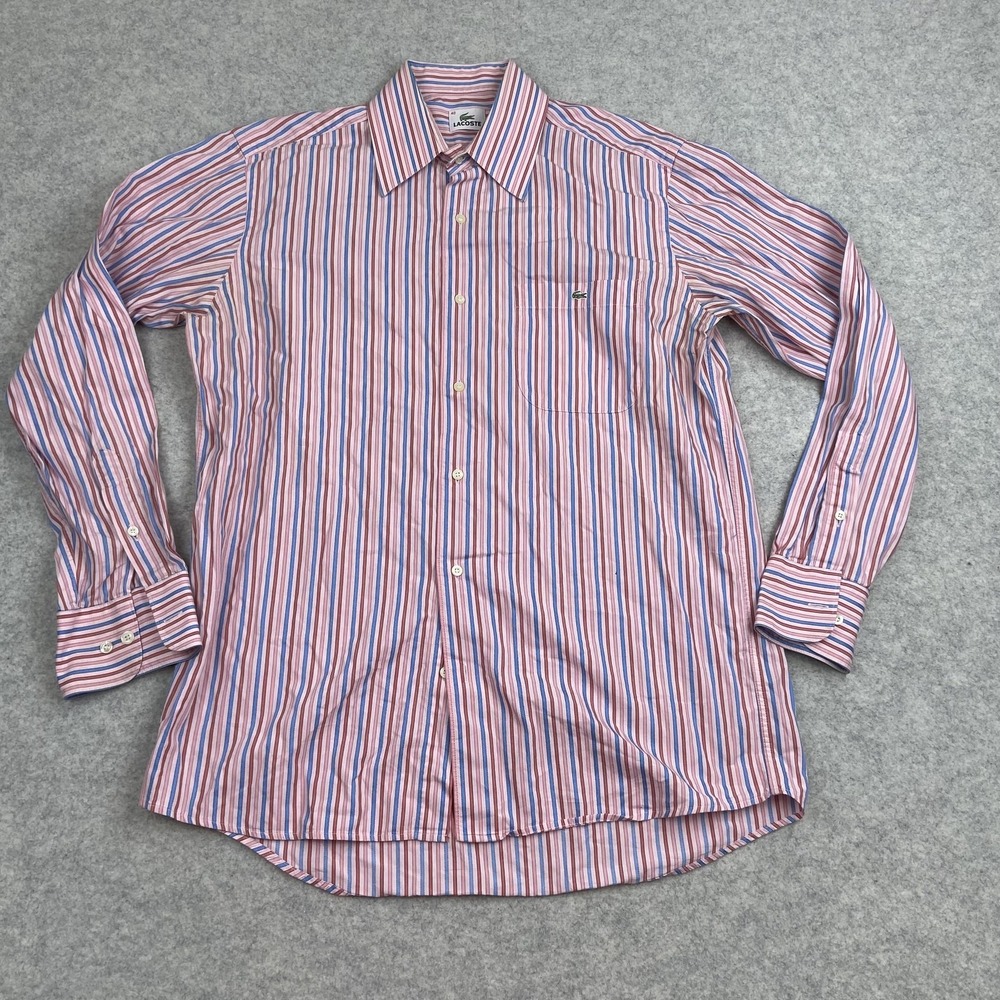 Lacoste Mens 40 Pink Striped Button Down Long Sleeve Cotton Shirt F 8102